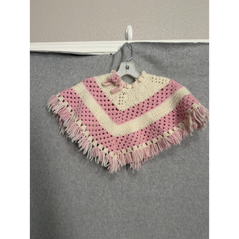 Handmade Poncho Girls 2T Pink Cream Crochet Fringe Striped Toddler Cape